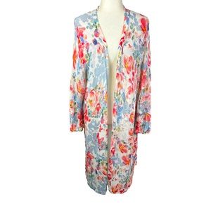 J Jill Long Open Front Floral Print Linen Blend  Cardigan.